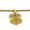 Gold Tone Pendant Necklace, Rope and Money Sign Design, with White Crystal, Polished, Golden Finish, 04.242.0002.30GT (04 MM Thickness, 30 Inches Length)