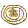 Gold Tone Pendant Necklace, Rope and Money Sign Design, with White Crystal, Polished, Golden Finish, 04.242.0002.30GT (04 MM Thickness, 30 Inches Length)