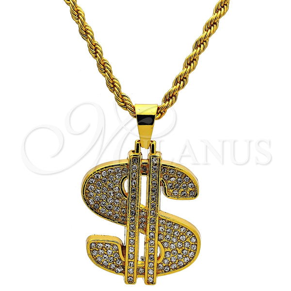 Gold Tone Pendant Necklace, Rope and Money Sign Design, with White Crystal, Polished, Golden Finish, 04.242.0002.30GT (04 MM Thickness, 30 Inches Length)