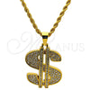Gold Tone Pendant Necklace, Rope and Money Sign Design, with White Crystal, Polished, Golden Finish, 04.242.0002.30GT (04 MM Thickness, 30 Inches Length)