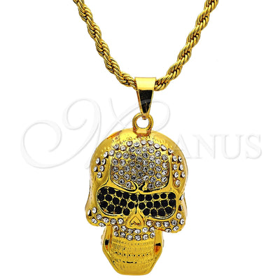 Gold Filled Gold Tone Pendant Necklace, Rope and Skull Design, with White and Black Crystal, Polished, Golden Finish for wholesale, main product view