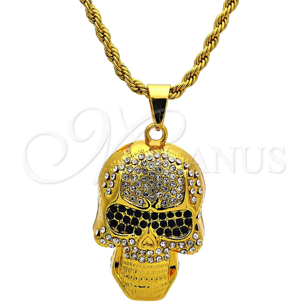 Gold Tone Pendant Necklace, Rope and Skull Design, with White and Black Crystal, Polished, Golden Finish, 04.242.0014.30GT (04 MM Thickness, 30 Inches Length)
