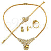 Oro Laminado Necklace, Bracelet, Earring and Ring, Gold Filled Style Flower and Teardrop Design, with White Micro Pave, Polished, Golden Finish, 06.118.0004