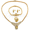 Oro Laminado Necklace, Bracelet, Earring and Ring, Gold Filled Style Flower and Teardrop Design, with White Micro Pave, Polished, Golden Finish, 06.118.0004