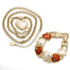 Oro Laminado Necklace and Bracelet, Gold Filled Style Rolo and Heart Design, with White Crystal, White Enamel Finish, Golden Finish, 06.63.0181.1