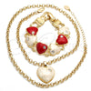 Oro Laminado Necklace and Bracelet, Gold Filled Style Rolo and Heart Design, with White Crystal, Brown Enamel Finish, Golden Finish, 06.63.0181