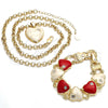 Oro Laminado Necklace and Bracelet, Gold Filled Style Rolo and Heart Design, with White Crystal, Brown Enamel Finish, Golden Finish, 06.63.0181