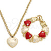 Oro Laminado Necklace and Bracelet, Gold Filled Style Rolo and Heart Design, with White Crystal, Brown Enamel Finish, Golden Finish, 06.63.0181