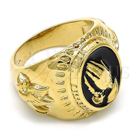 Oro Laminado Mens Ring, Gold Filled Style Hand and Bird Design, Black Enamel Finish, Golden Finish, 01.185.0010.11 (Size 11)