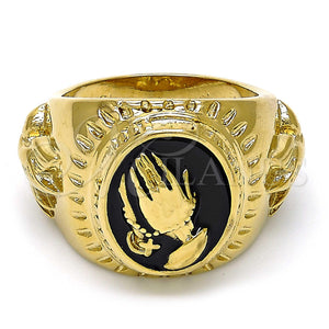 Gold Filled Ring — Mens Ring Hand and Bird Design Black Enamel — main product view — SKU 107365 | Oro Laminado anillo — Mens Ring Hand and Bird diseño negro Enamel — SKU 107365