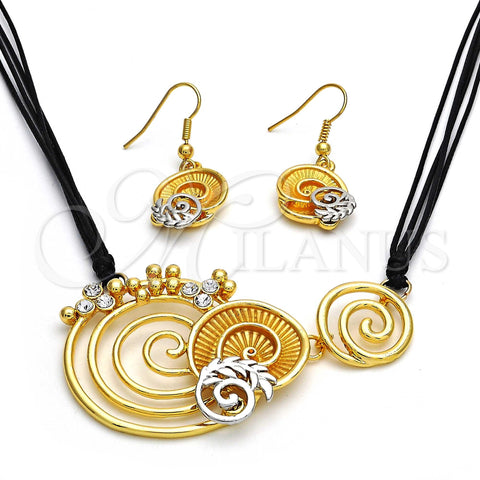 Oro Laminado Necklace and Earring, Gold Filled Style Spiral and Leaf Design, with White Crystal, Polished, Two Tone, 06.59.0109.1