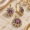 Oro Laminado Earring and Pendant Adult Set, Gold Filled Style Flower Design, with Dark Amethyst and White Cubic Zirconia, Polished, Golden Finish, 5.057.003.1