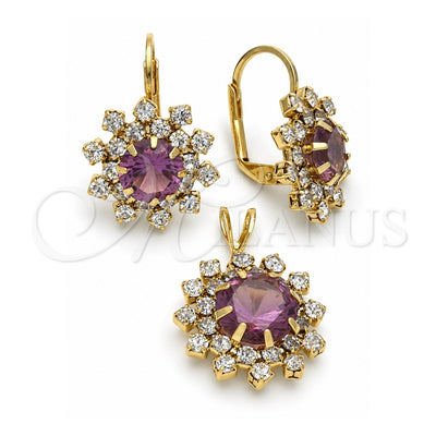 Oro Laminado Earring and Pendant Adult Set, Gold Filled Style Flower Design, with Dark Amethyst and White Cubic Zirconia, Polished, Golden Finish, 5.057.003.1