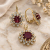 Oro Laminado Earring and Pendant Adult Set, Gold Filled Style Flower Design, with White and Garnet Cubic Zirconia, Polished, Golden Finish, 5.057.004.1