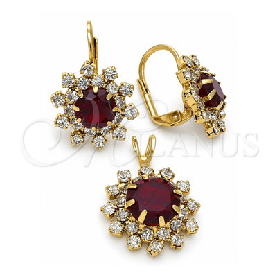 Oro Laminado Earring and Pendant Adult Set, Gold Filled Style Flower Design, with White and Garnet Cubic Zirconia, Polished, Golden Finish, 5.057.004.1