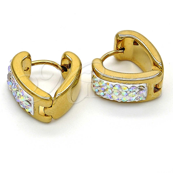 Stainless Steel Huggie Hoop, Heart Design, with White Crystal, Polished, Golden Finish, 02.230.0014.15