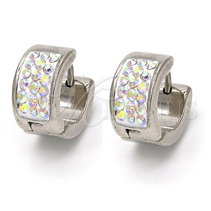 Stainless Steel Hoop Earrings — Huggie Hoop with White Crystal Polished 02. — main product view — SKU 107459 | Acero Inoxidable aretes de aro — Huggie Hoop with cristal blanco pulido 02. — SKU 107459