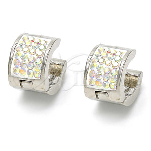 Stainless Steel Hoop Earrings — Huggie Hoop with White Crystal Polished 02. — main product view — SKU 107472 | Acero Inoxidable aretes de aro — Huggie Hoop with cristal blanco pulido 02. — SKU 107472
