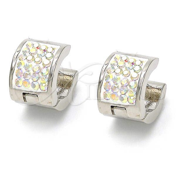 Stainless Steel Hoop Earrings — Huggie Hoop with White Crystal Polished 02. — main product view — SKU 107472 | Acero Inoxidable aretes de aro — Huggie Hoop with cristal blanco pulido 02. — SKU 107472
