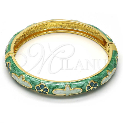 Oro Laminado Individual Bangle, Gold Filled Style Flower Design, Green Enamel Finish, Golden Finish, 07.246.0002.1.02