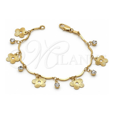 Oro Laminado Charm Bracelet, Gold Filled Style Flower Design, with White Cubic Zirconia, Diamond Cutting Finish, Golden Finish, 03.63.1531.07 (0.80 Gauge, 7 Inches Length)