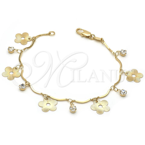 Oro Laminado Charm Bracelet, Gold Filled Style Flower Design, with White Cubic Zirconia, Diamond Cutting Finish, Golden Finish, 03.63.1531.07 (0.80 Gauge, 7 Inches Length)