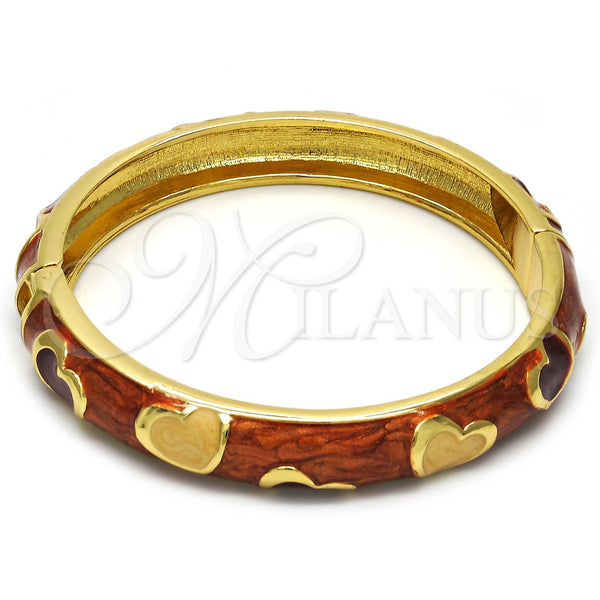 Oro Laminado Individual Bangle, Gold Filled Style Heart Design, Brown Enamel Finish, Golden Finish, 07.246.0011.6.05 (11 MM Thickness, Size 5 (2.50 Diameter))