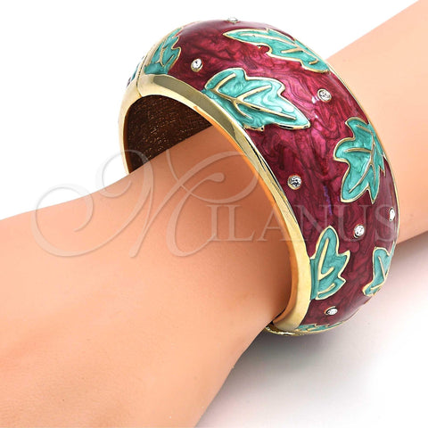 Oro Laminado Individual Bangle, Gold Filled Style Leaf Design, with White Crystal, Multicolor Enamel Finish, Golden Finish, 07.246.0013.04 (30 MM Thickness, Size 5 (2.50 Diameter))