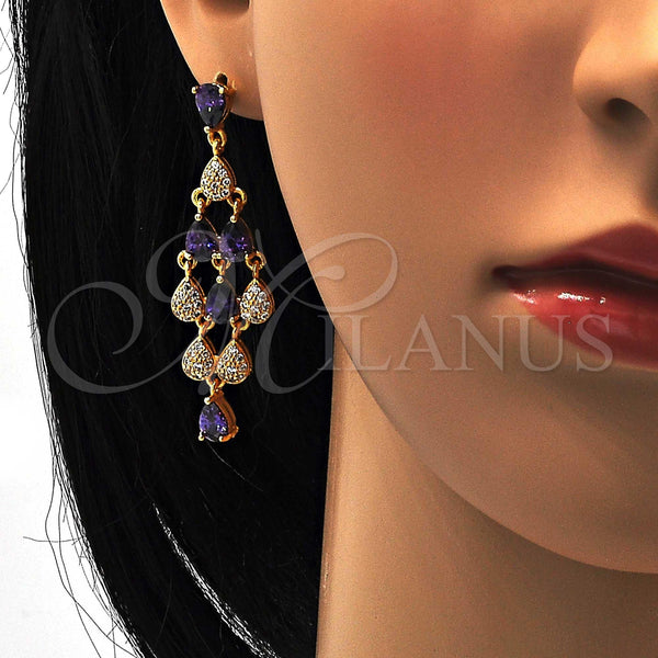 Gold Filled Ring — Long Earring Teardrop Design with Dark Amethyst and — alternate product view — SKU 107617 | Oro Laminado anillo — Long Earring Teardrop diseño with Dark Amethyst and — SKU 107617
