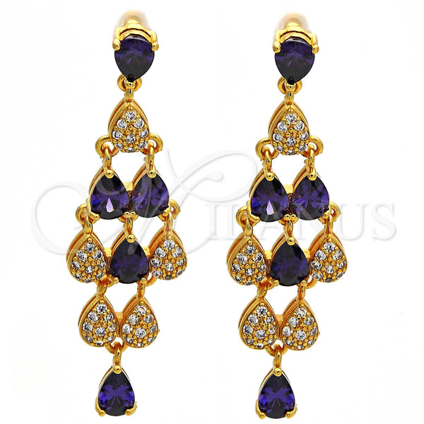 Oro Laminado Long Earring, Gold Filled Style Teardrop Design, with Dark Amethyst and White Cubic Zirconia, Polished, Golden Finish, 02.206.0046