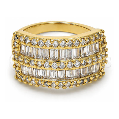 Oro Laminado Multi Stone Ring, Gold Filled Style Baguette Design, with White Cubic Zirconia and White Micro Pave, Polished, Golden Finish, 01.99.0026.09 (Size 9)