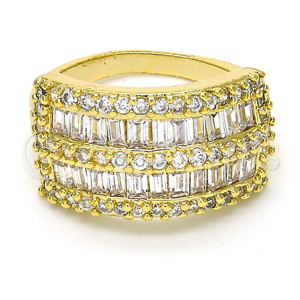 Oro Laminado Multi Stone Ring, Gold Filled Style Baguette Design, with White Cubic Zirconia and White Micro Pave, Polished, Golden Finish, 01.99.0026.09 (Size 9)