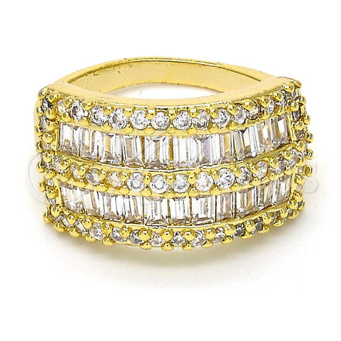 Oro Laminado Multi Stone Ring, Gold Filled Style Baguette Design, with White Cubic Zirconia and White Micro Pave, Polished, Golden Finish, 01.99.0026.09 (Size 9)