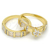 Oro Laminado Wedding Ring, Gold Filled Style Duo and Baguette Design, with White Cubic Zirconia, Polished, Golden Finish, 01.99.0034.07 (Size 7)
