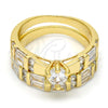 Oro Laminado Wedding Ring, Gold Filled Style Duo and Baguette Design, with White Cubic Zirconia, Polished, Golden Finish, 01.99.0034.07 (Size 7)