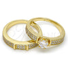 Oro Laminado Wedding Ring, Gold Filled Style Duo Design, with White Cubic Zirconia and White Micro Pave, Polished, Golden Finish, 01.99.0036.08 (Size 8)