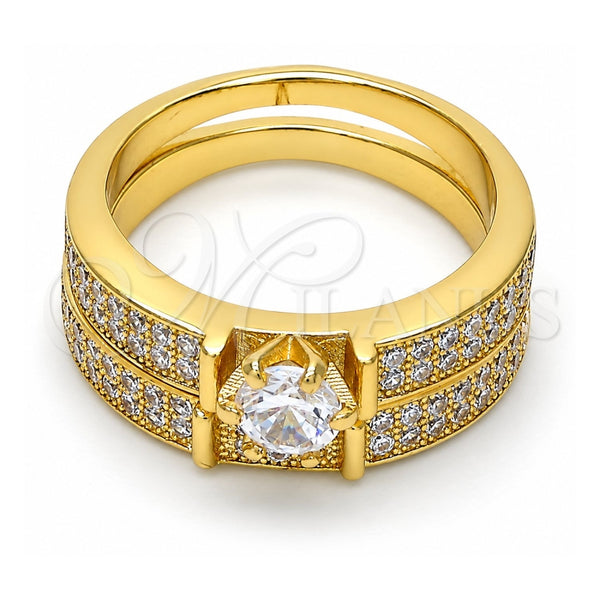 Oro Laminado Wedding Ring, Gold Filled Style Duo Design, with White Cubic Zirconia and White Micro Pave, Polished, Golden Finish, 01.99.0036.08 (Size 8)