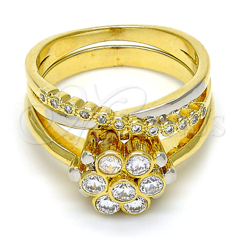 Oro Laminado Wedding Ring, Gold Filled Style Duo and Flower Design, with White Cubic Zirconia, Polished, Two Tone, 01.99.0040.09 (Size 9)