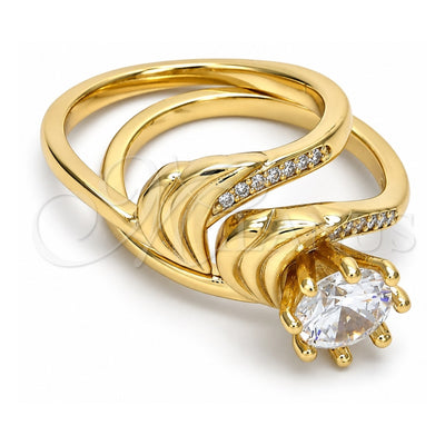 Oro Laminado Wedding Ring, Gold Filled Style Duo Design, with White Cubic Zirconia and White Micro Pave, Polished, Golden Finish, 01.99.0042.09 (Size 9)