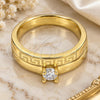 Oro Laminado Wedding Ring, Gold Filled Style Greek Key and Duo Design, with White Cubic Zirconia, Polished, Golden Finish, 01.99.0045.09 (Size 9)