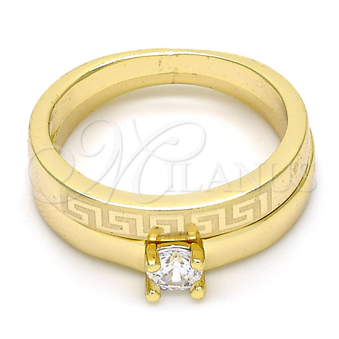 Oro Laminado Wedding Ring, Gold Filled Style Greek Key and Duo Design, with White Cubic Zirconia, Polished, Golden Finish, 01.99.0045.09 (Size 9)