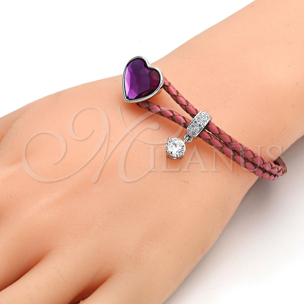 White Gold Filled Jewelry — Individual Bangle Heart Design with Fuchsia Swarovski Crystals — alternate product view — SKU 107831 | Oro Laminado Blanco joyería — Individual Bangle corazón diseño with Fuchsia Swarovski Crystals — SKU 107831