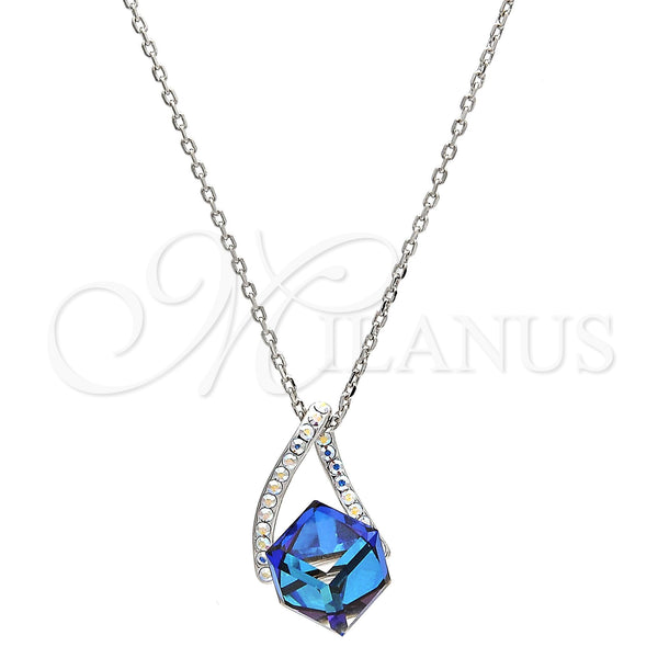 Rhodium Plated Pendant Necklace, with Bermuda Blue and Aurore Boreale Swarovski Crystals, Polished, Rhodium Finish, 04.239.0039.3.16 (01 MM Thickness, 16 Inches Length)