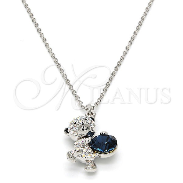Rhodium Plated Pendant Necklace, Teddy Bear Design, with Montana and Aurore Boreale Swarovski Crystals, Black Enamel Finish, Rhodium Finish, 04.239.0041.18 (01 MM Thickness, 18 Inches Length)