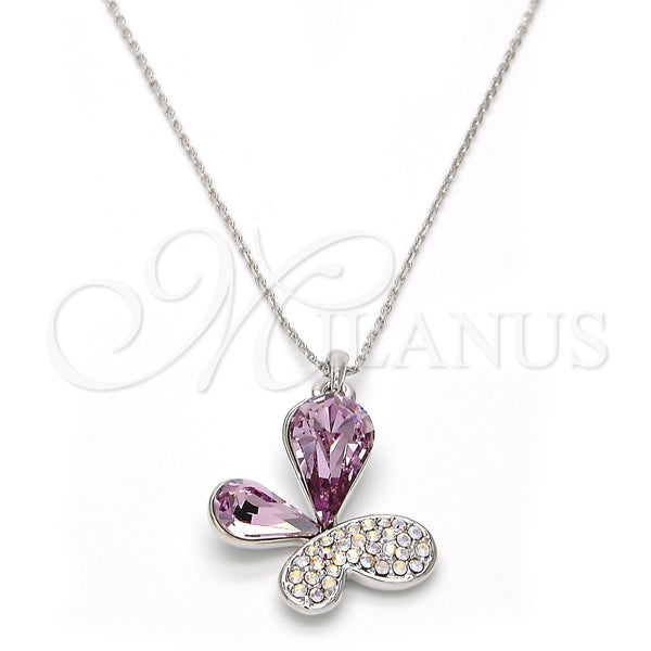 Rhodium Plated Pendant Necklace, Butterfly Design, with Violet and Aurore Boreale Swarovski Crystals, Polished, Rhodium Finish, 04.239.0043.3.18 (01 MM Thickness, 18 Inches Length)