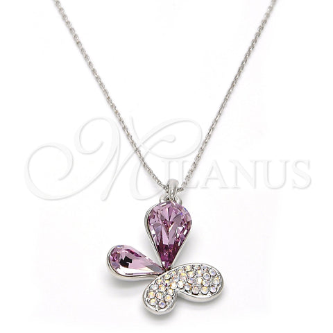 Rhodium Plated Pendant Necklace, Butterfly Design, with Violet and Aurore Boreale Swarovski Crystals, Polished, Rhodium Finish, 04.239.0043.3.18 (01 MM Thickness, 18 Inches Length)
