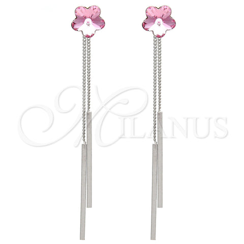 Rhodium Gold Filled Long Earring, Flower Design, with Light Rose Swarovski Crystals, Polished, Rhodium Finish, 02.239.0022.1