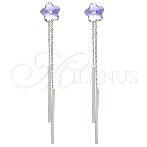 Rhodium Gold Filled Long Earring, Flower Design, with Amethyst Swarovski Crystals, Polished, Rhodium Finish, 02.239.0022.2