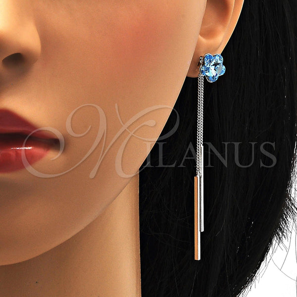 White Gold Filled Ring — Long Earring Flower Design with Aquamarine Swarovski Crystals — alternate product view — SKU 107873 | Oro Laminado Blanco anillo — Long Earring flor diseño with Aquamarine Swarovski Crystals — SKU 107873