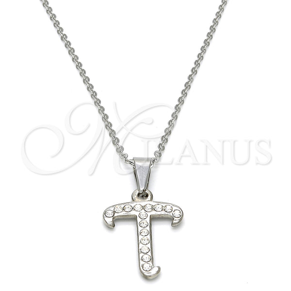 Stainless Steel Pendant Necklace, Initials and Rolo Design, with White Crystal, Polished, Steel Finish, 04.238.0022.18 (02 MM Thickness, 18 Inches Length)